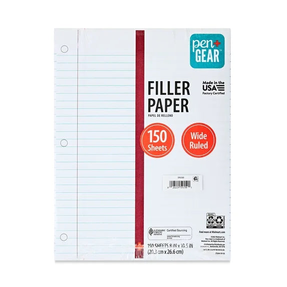 150 Sheets Wide Ruled Filler Paper, 10.5" x 8"