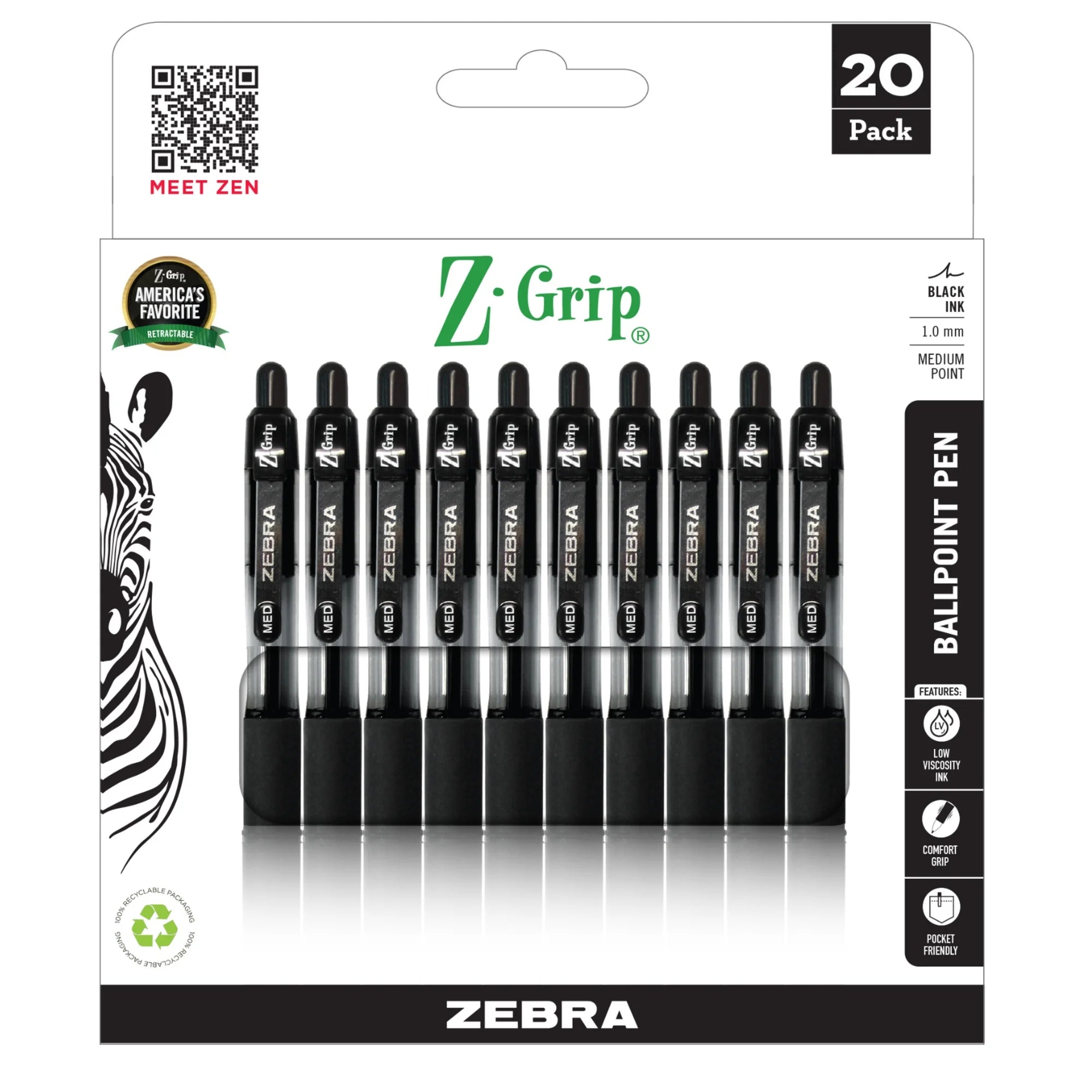 Retractable Ballpoint 1.0mm Black Ink 20pk