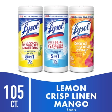 Lysol Disinfecting Wipes, All Purpose Cleaner, Multi Surface Antibacterial Cleaning Wipes, Cleaning Supplies, Lemon + Mango & Hibiscus + Crisp Linen Scent, 35 Count Each (Pack of 3)