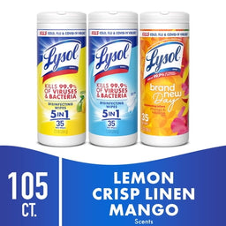 Lysol Disinfecting Wipes, All Purpose Cleaner, Multi Surface Antibacterial Cleaning Wipes, Cleaning Supplies, Lemon + Mango & Hibiscus + Crisp Linen Scent, 35 Count Each (Pack of 3)