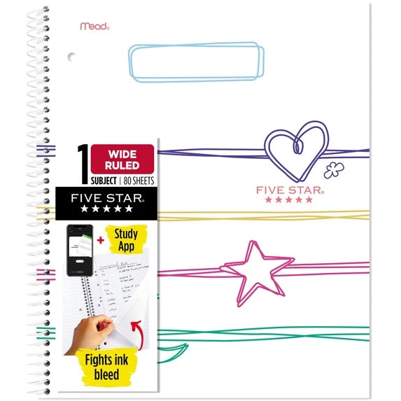 Five Star Spiral Notebook Plus Study App 1 Subject Wide Ruled 8 x 10.5