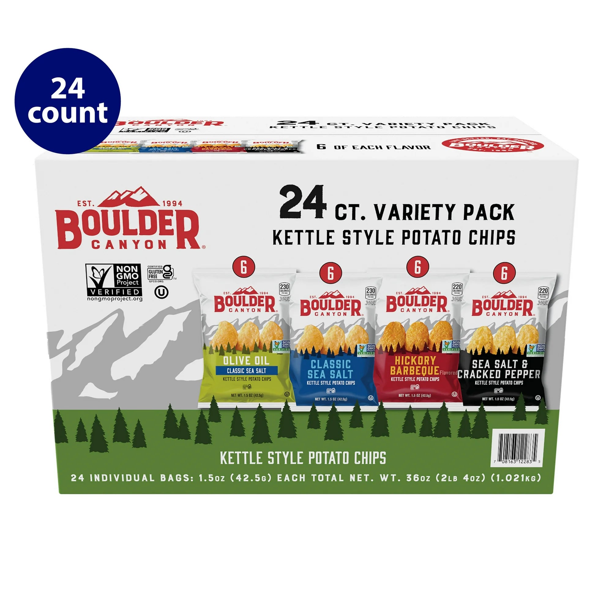 Boulder Canyon Potato Chips Variety Pack, Gluten-Free, Potato Chips, 1.5 oz, 24 Count