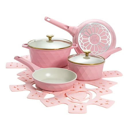 Paris Hilton 10-Piece Ceramic Nonstick Cookware Set with Pots & Pans, Clean Ceramic™ Coating, Faceted Pink Design