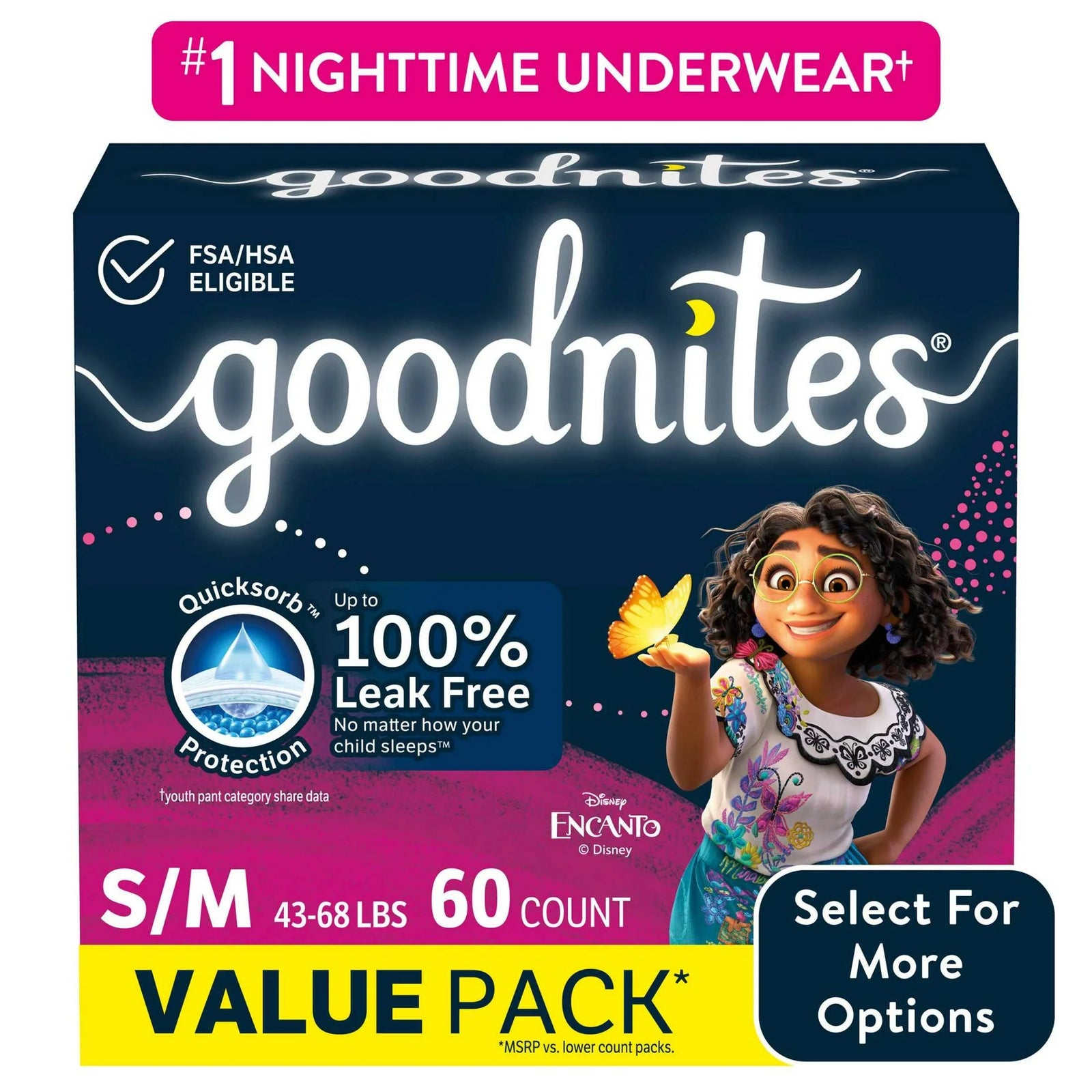 Nighttime Underwear, Box, 60 Count, Size S/M, Girls