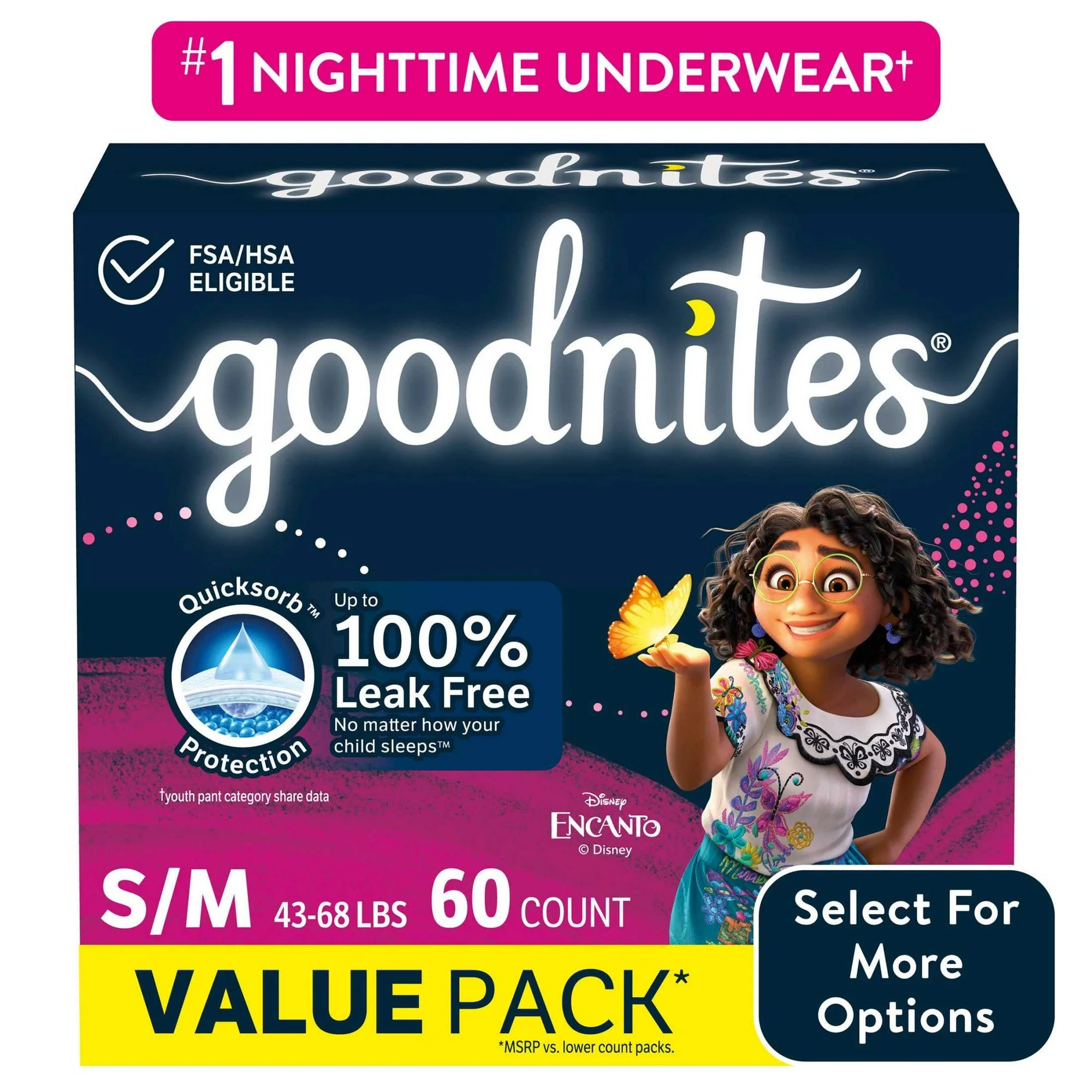 Nighttime Underwear, Box, 60 Count, Size S/M, Girls