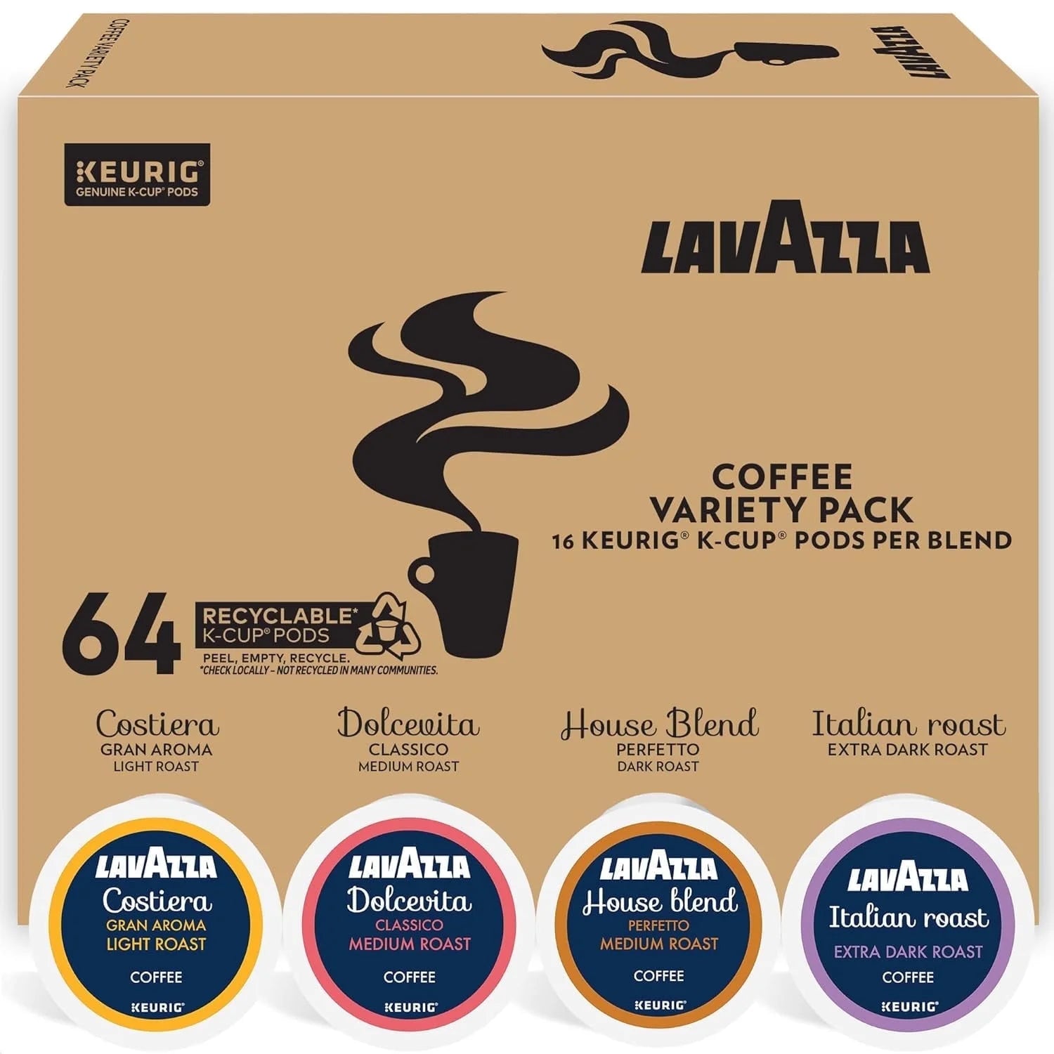 Lavazza Keurig® K-Cup® Variety Pack, Contains Light, Medium, and Extra Dark Roast (60 Pods)