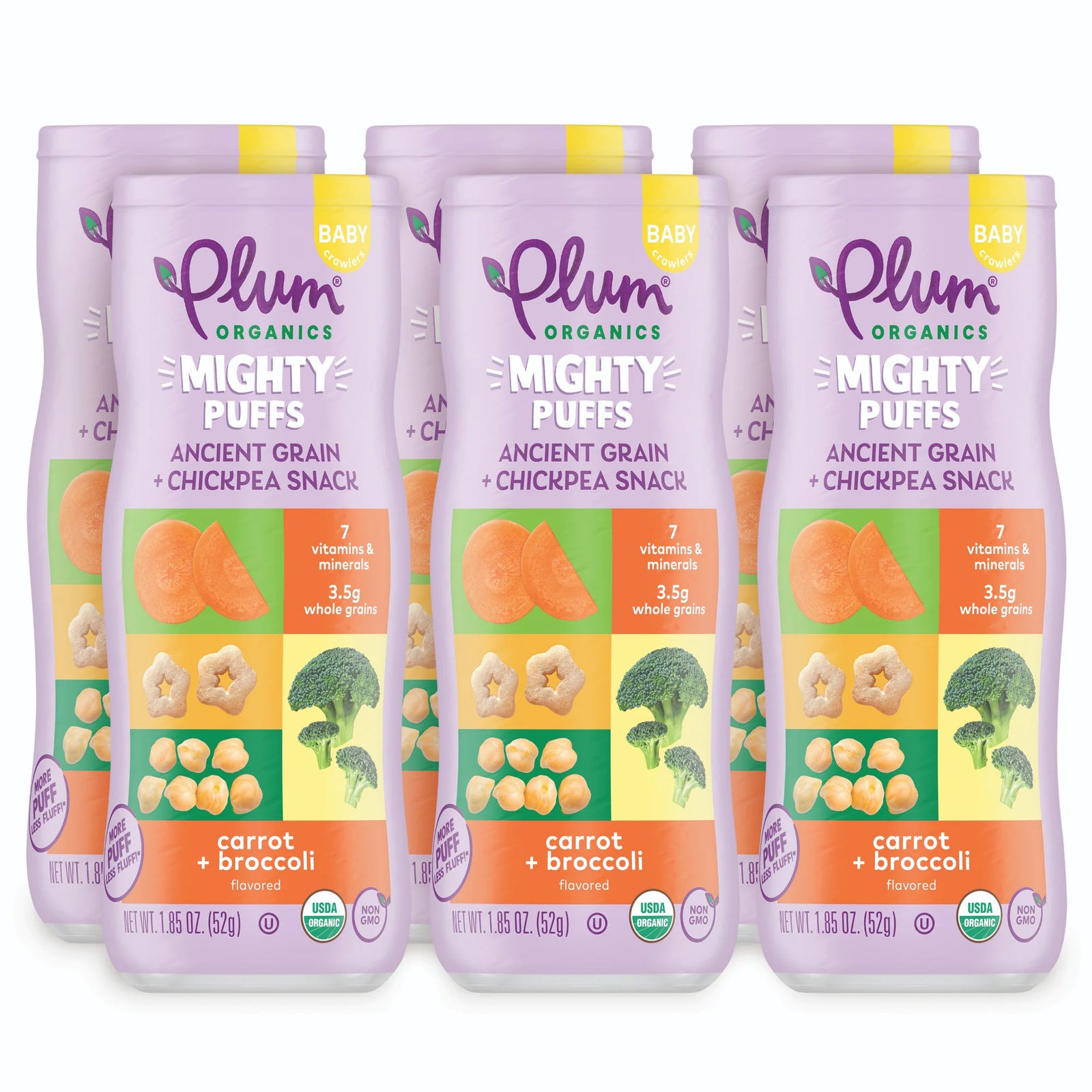 Plum Organics Mighty Puffs, Ancient Grain + Chickpea Snack, Carrot + Broccoli, 6 Pack
