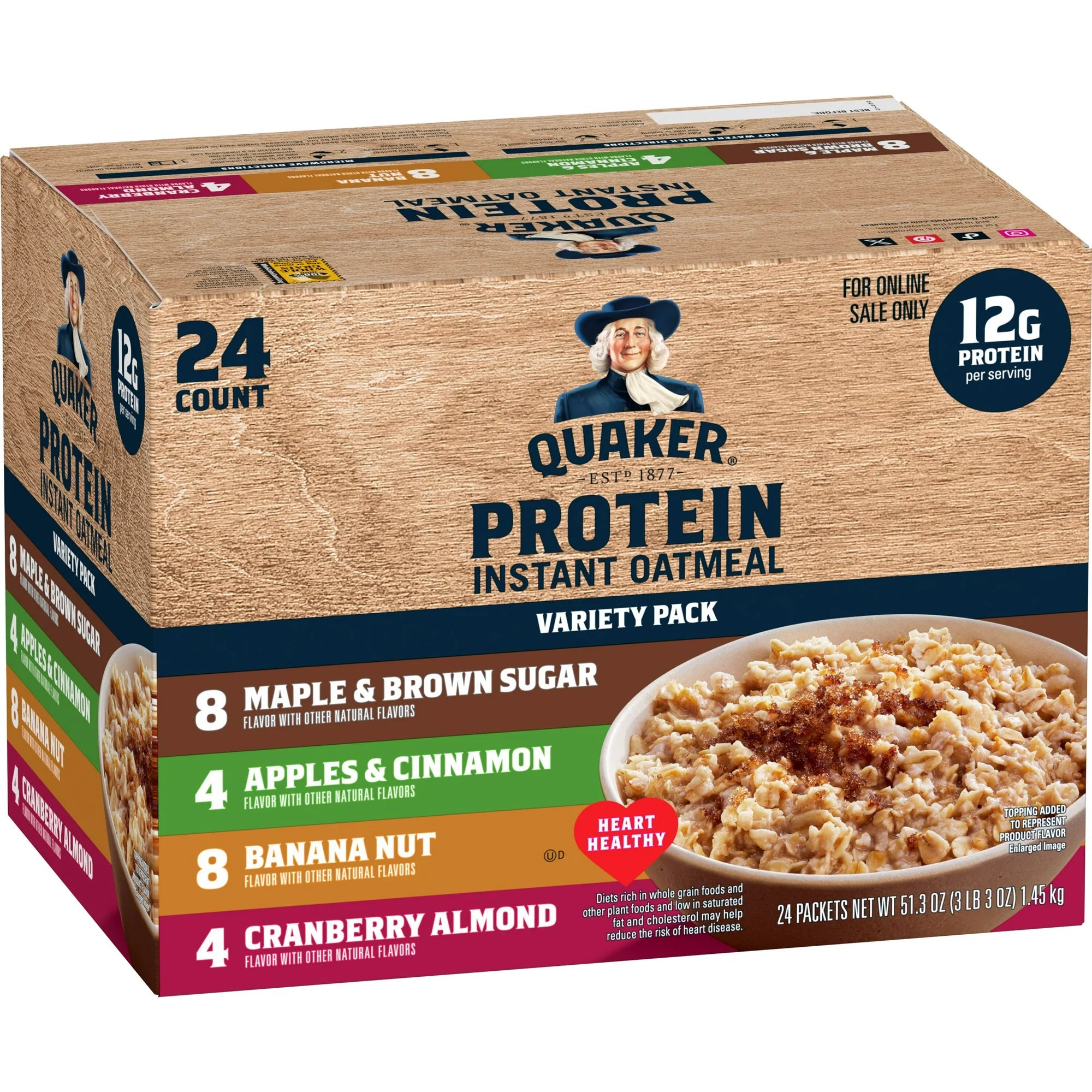 Quaker Instant Oatmeal Protein Variety Pack 51.3 oz, 24 Count
