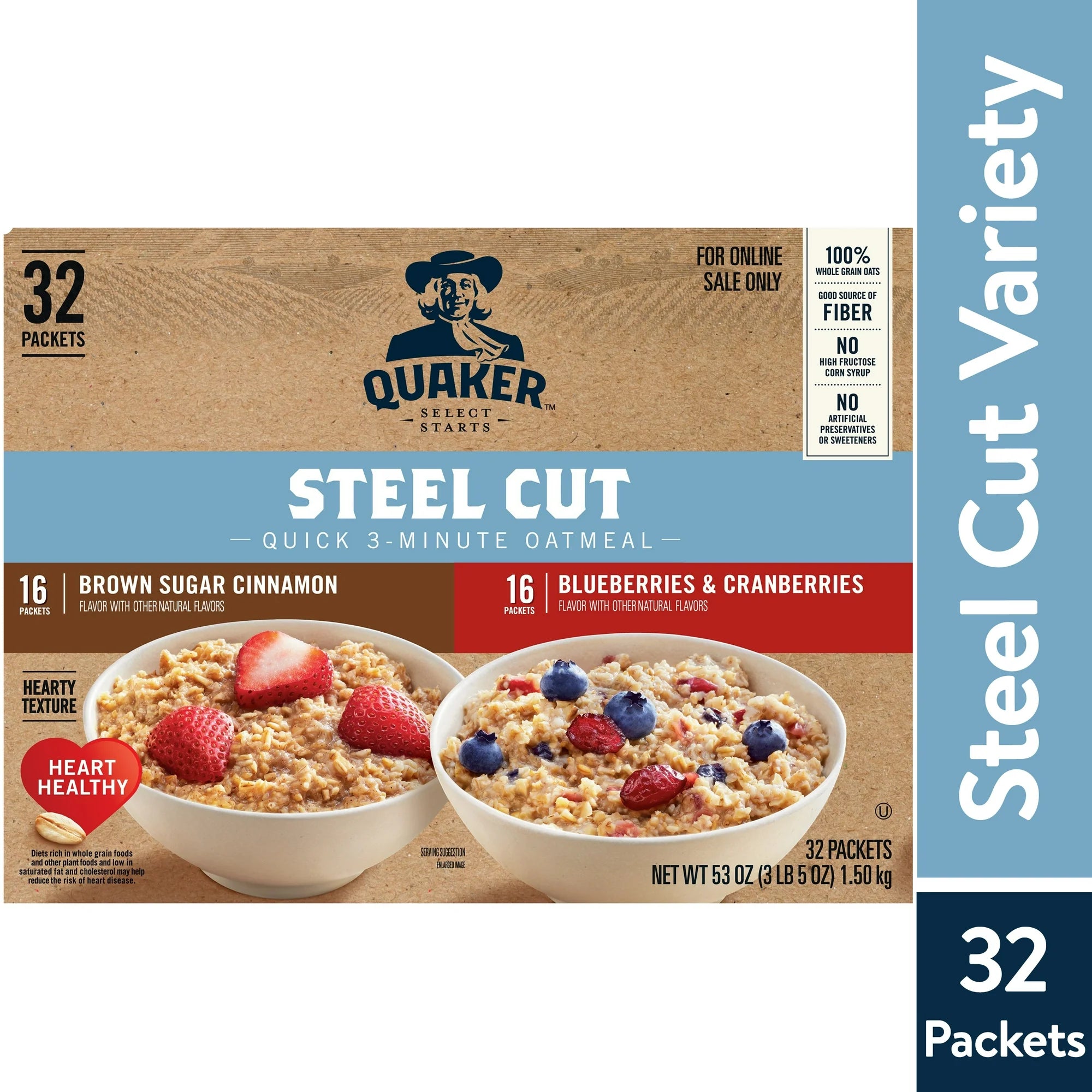 Quaker, Steel Cut Quick 3-Minute Oatmeal, Variety Pack, Stovetop Oatmeal, 32 Packets