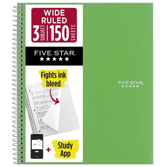 Five Star 3 Subject Wide Ruled Notebook Plus Study App, 8" x 10.5", 150 Sheets