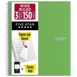 Five Star 3 Subject Wide Ruled Notebook Plus Study App, 8" x 10.5", 150 Sheets