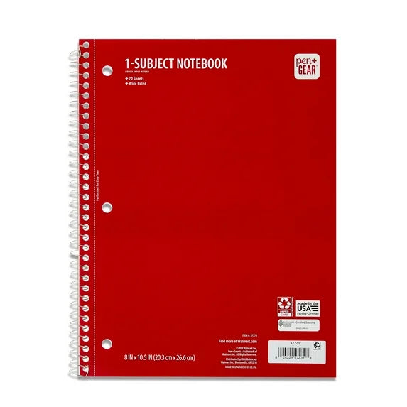 Pen+Gear One Subject Notebook 8'x 10.5' color red