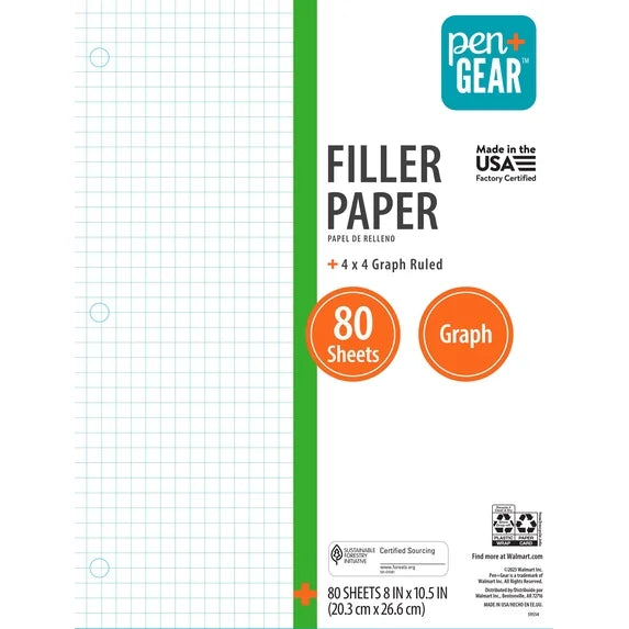 Pen+Gear Quad Filler paper Graph-ruled 4x4 80 sheets